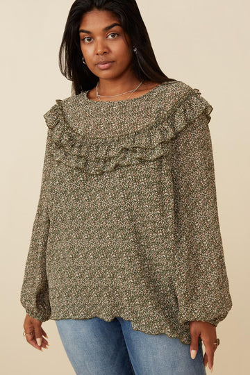 HK1307 Olive Womens Ditsy Floral Long Sleeve Ruffle Bibbed Top Front